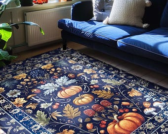 Blue Botanical Pumpkin Rug Vintage Aesthetic Autumn Lovers Decor | Fall Decoration Eclectic Art Dark Academia Elegant Rug Boho Cottagecore