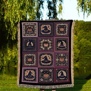 Boho Purple Witch Hat Pumpkin Blanket Cozy Gothic Fall Throw | Witchy Cottagecore Decor Spooky Season Halloween Aesthetic Tapestry Blanket