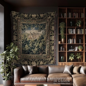 May include: A woven wall tapestry featuring a detailed landscape scene of a castle nestled within a dense forest, surrounded by a decorative floral border in shades of dark green, gold, and black, with fringed edges hanging on a wall.