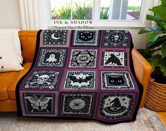 Gothic Witchy Purple Halloween Blanket Cozy Decor Witch Cottagecore Art Retro Spooky Season Gift Pumpkin Bat Ghost Tapestry Grunge Fairycore