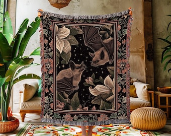 Vintage Aesthetic Bat Blanket Woven Throw Dark Cottagecore Decor | Goth Tapestry Vintage Bat Lovers Dark Botanical Woven Wall Art Whimsical