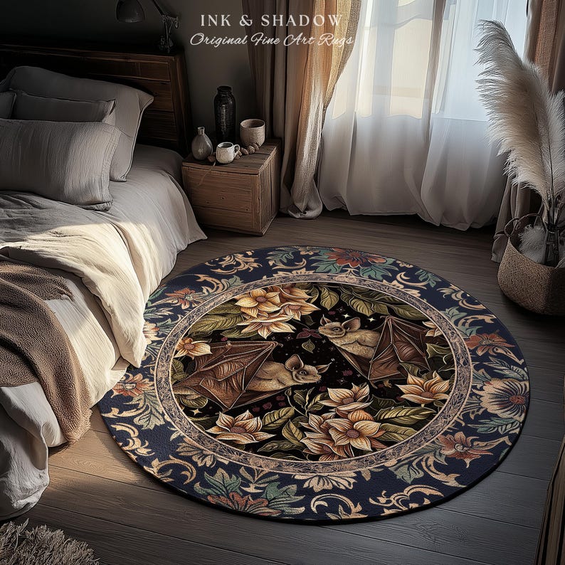 Dark Academia Mystic Bat Rug Woodland Gothic Victorian Decor | Enchanted Forest Bat Lover Nature Rug Celestial Boho Floral Cottagecore Decor image 18