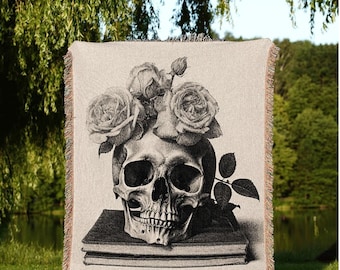 Vintage Skull Tapestry Woven | Gothic Room Decor Skull Tapestry Woven Wall Hanging | Renaissance Art Blanket Woven | Whimsigoth Room Decor |