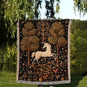 Medieval Unicorn Art Blanket Woven | Whimsical Room Decor Tapestry Cottagecore | Fairycore Aesthetic Room Decor Magical Tapestry Unicorn Art