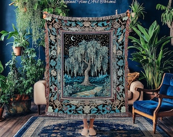 Starry Night Weeping Willow Tree Blanket | Woodland Folklore Aesthetic Moonlit Castle Fairytale Decor Ethereal Witchy Woven Wall Tapestry |