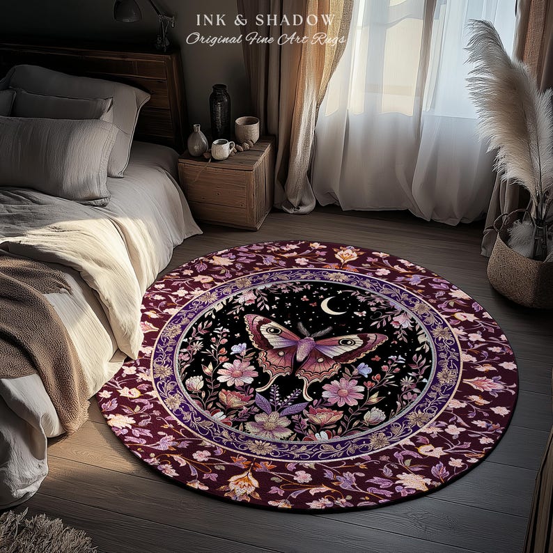 Purple Moth Celestial Rug Boho Fairycore Dark Floral Decor | Enchanted Fairy Cottagecore Butterfly Lovers Moth Moon Rug Whimsical Goth Gift Bild 10