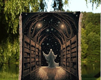 Dark Academia Tapestry Blanket | Ghost in Library Autumn Aesthetic Goth Art Victorian Ghost Painting Vintage Halloween Blanket Reader Gift |