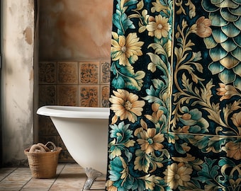 Flower Decorated Dragon Scale Shower Curtain | Nordic Style Dark Academia Fantasy Bathroom Medieval Home Accent Ornate Victorian Whimsy Goth