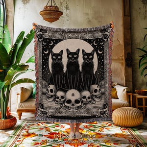 Mystic Black Cats Gothic Tapestry Blanket Dark Academia Skull Throw | Celestial Occult Aesthetic Cat Tapestry Urban Grunge Witchy Wall Art image 10
