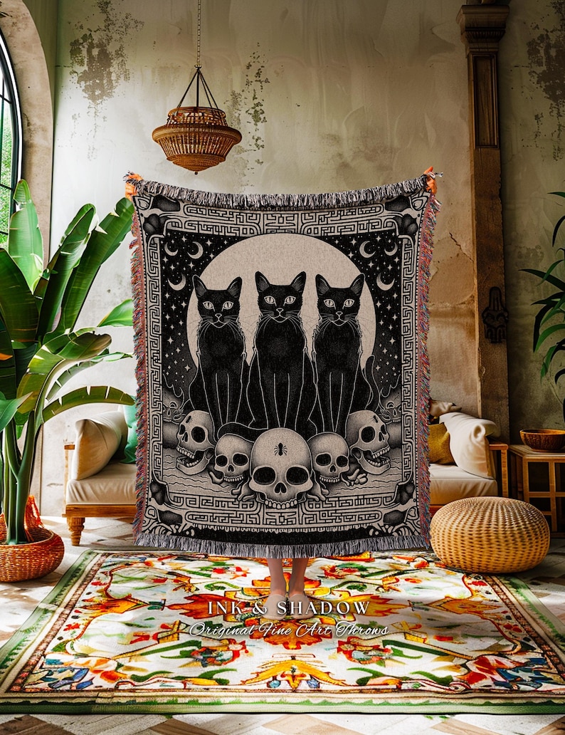 Mystic Black Cats Gothic Tapestry Blanket Dark Academia Skull Throw | Celestial Occult Aesthetic Cat Tapestry Urban Grunge Witchy Wall Art image 10