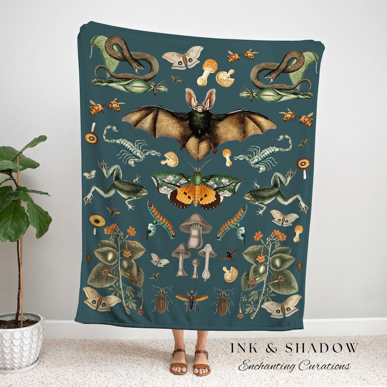 Dark Cottagecore Decor Gothic Tapestry | Goblincore Decor Goth Tapestry Teal Blanket Throw | Witchy Decor Bedroom Goth Blanket Woven Throw image 7