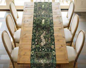 Ethereal Woodland Meadow Table Runner | Dark Academia Folklore Fairy Core Aesthetic Magical Dining Room Emerald Green Home Decor Botanical