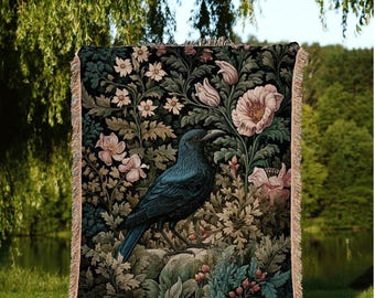Crow Raven Floral Blanket Woven | Forestcore Throw Blanket Crow William Morris Style Witchy Decor Bedroom Landscape Tapestry Cottagegoth Art
