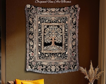 Regal Golden Tree of Life Wall Tapestry | Gilt Border Ornate Medieval Design Folklore Style Woodland Decor Maximalist Throw Blanket Nordic |
