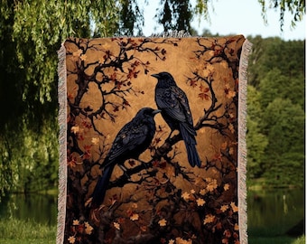Crow Decor Gothic Tapestry Whimsigoth Blanket | Dark Cottagecore Tapestry Raven Home Decor | Crowcore Woven Goth Blanket Witchy Room Decor |