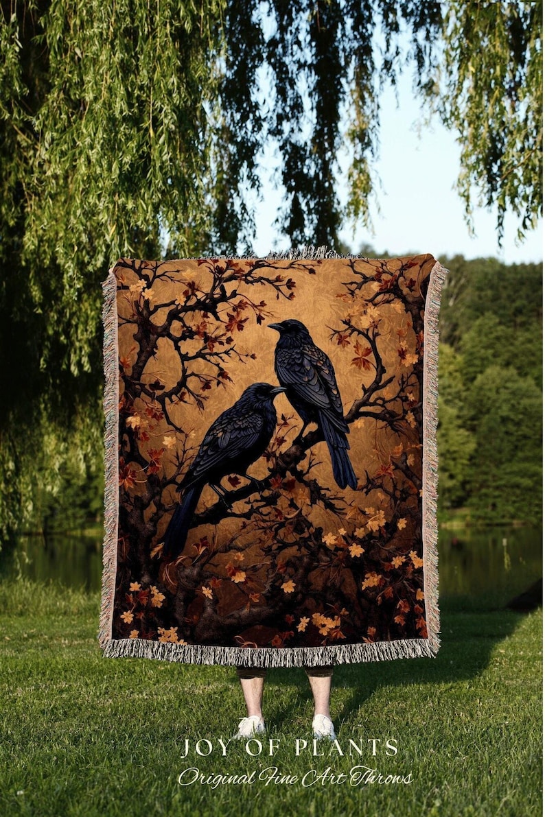 Crow Decor Gothic Tapestry Whimsigoth Blanket | Dark Cottagecore Tapestry Raven Home Decor | Crowcore Woven Goth Blanket Witchy Room Decor | bild 1