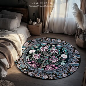 Enchanted Floral Pomegranate Rug Whimsigothic Botanical Witch Cottagecore Decor, Witchy Dark Academia Indigo Blue Forestcore Art Nouveau Rug imagem 16