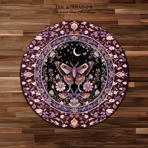 Purple Moth Celestial Rug Boho Fairycore Dark Floral Decor | Enchanted Fairy Cottagecore Butterfly Lovers Moth Moon Rug Whimsical Goth Gift Bild 18