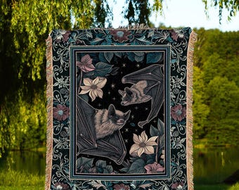 Moody Dark Acedemia Tapestry Bat Blanket Woven Throw Goth Decor | Antique Aesthetic Dark Botanical Bat Art Floral Gothic Victorian Decor