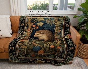 Hedge Hog Lover Blanket | Forestcore Decor Woven Tapestry Cottagecore Reading Corner Throw Dark Fairycore Room Mystical Woodland Hedgehog |