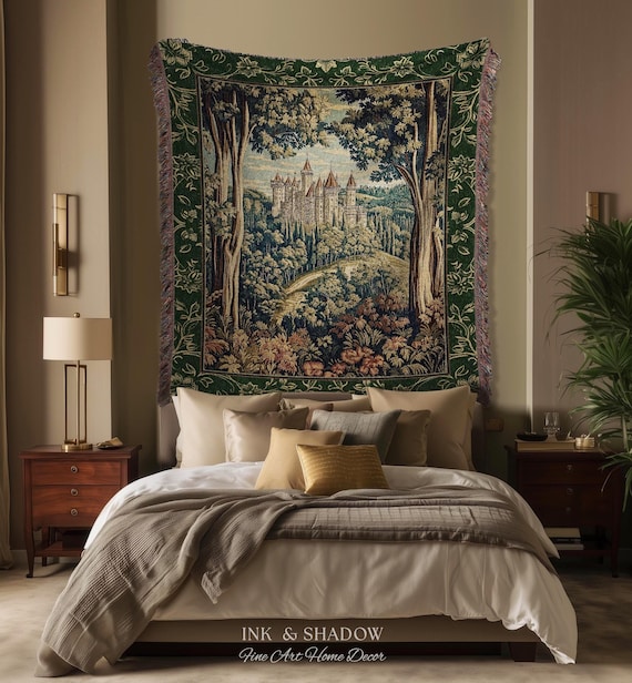 Fairytale Aesthetic Castle Tapestry Blanket Fairycore Folklore Inspired Decor | Magical Woodland Bedroom Whimsigothic Ethereal Forest Throw