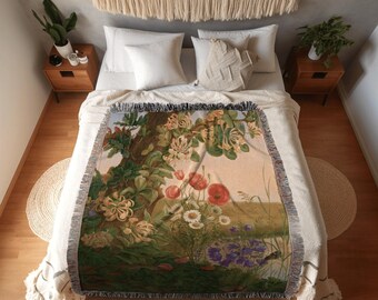 Vintage Floral Tapestry | Renaissance Art Woven Blanket | Victorian Floral Aesthetic Tapestry Woven | Bookish Room Decor Aesthetic Blanket |