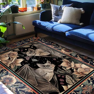 Dark Academia Mystic Bat Rug Woodland Gothic Victorian Decor | Enchanted Forest Bat Lover Nature Rug Celestial Boho Floral Cottagecore Decor image 4