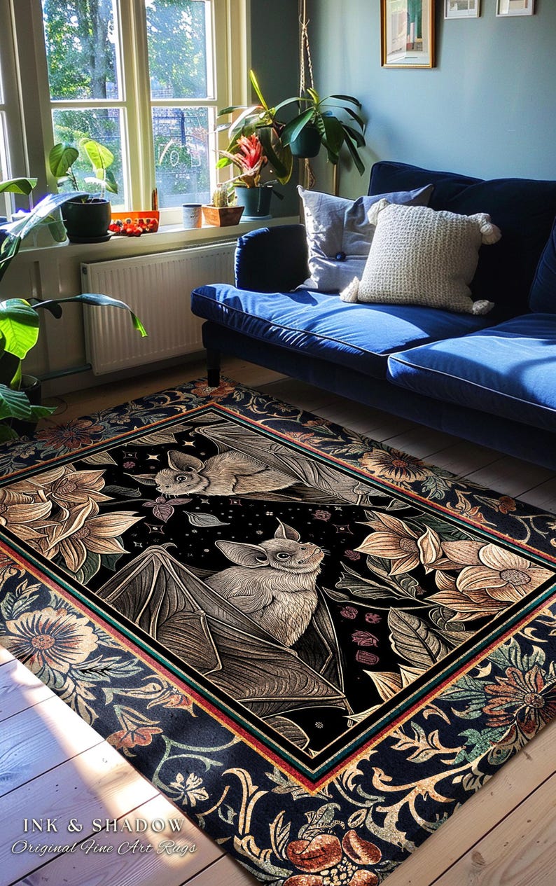 Dark Academia Mystic Bat Rug Woodland Gothic Victorian Decor | Enchanted Forest Bat Lover Nature Rug Celestial Boho Floral Cottagecore Decor image 4