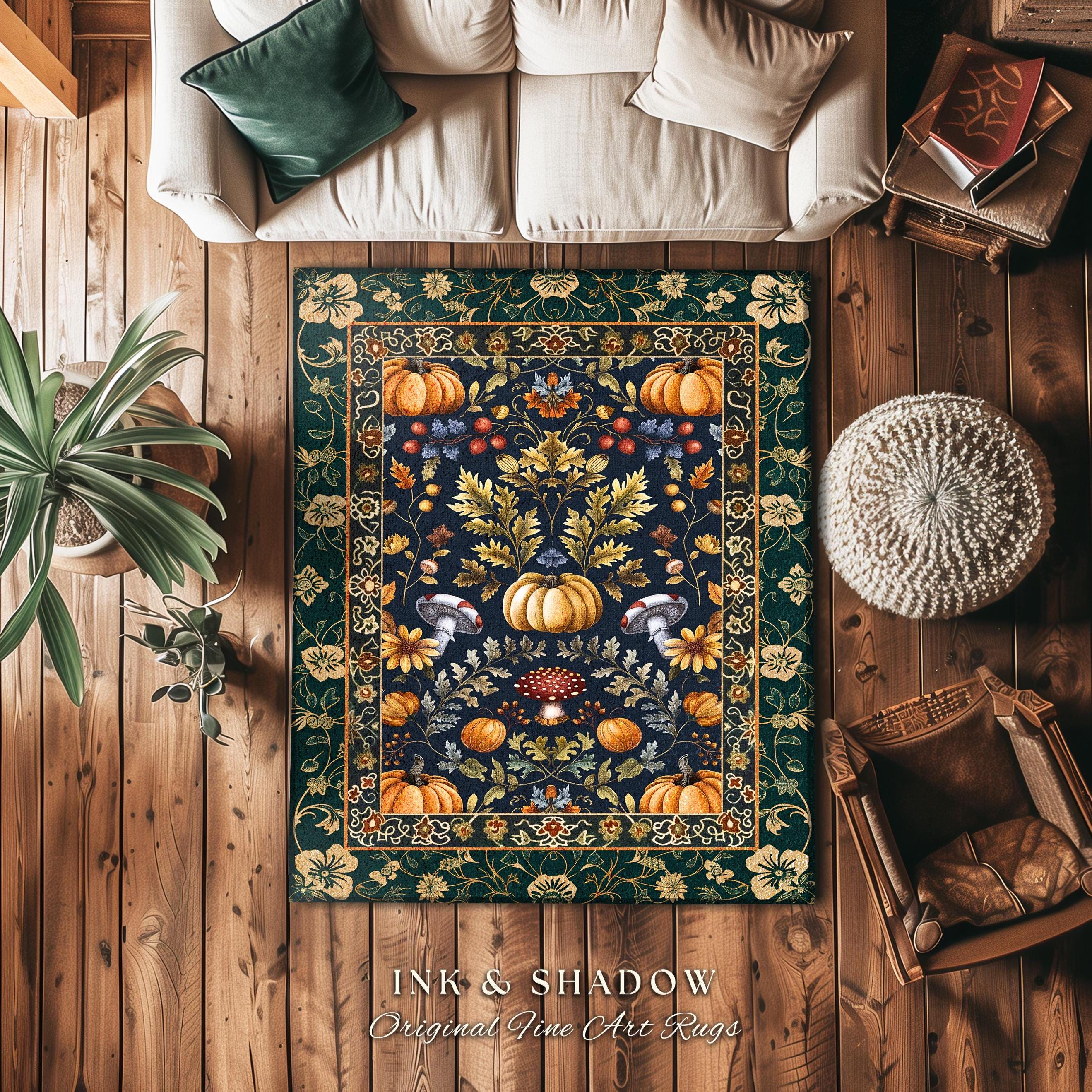 Dark Cottagecore Pumpkin Rug Autumn Victorian Gothic Floral Decor | Whimsical Dark Botanical Rug Forestcore Pumpkin Decor Vintage Aesthetic