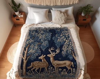 Hygge Scandi Woodland Deer Blanket Woven Throw Vintage Folk Art Tapestry, Morris Aesthetic Dark Cottagecore Forestcore Nordic Style Decor