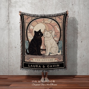 Tarot Cat Blanket 'The Lovers' | Cat Couple Tarot Tapestry Personalized Anniversary Gift | Celestial Art Nouveau Tarot Card Custom Couples