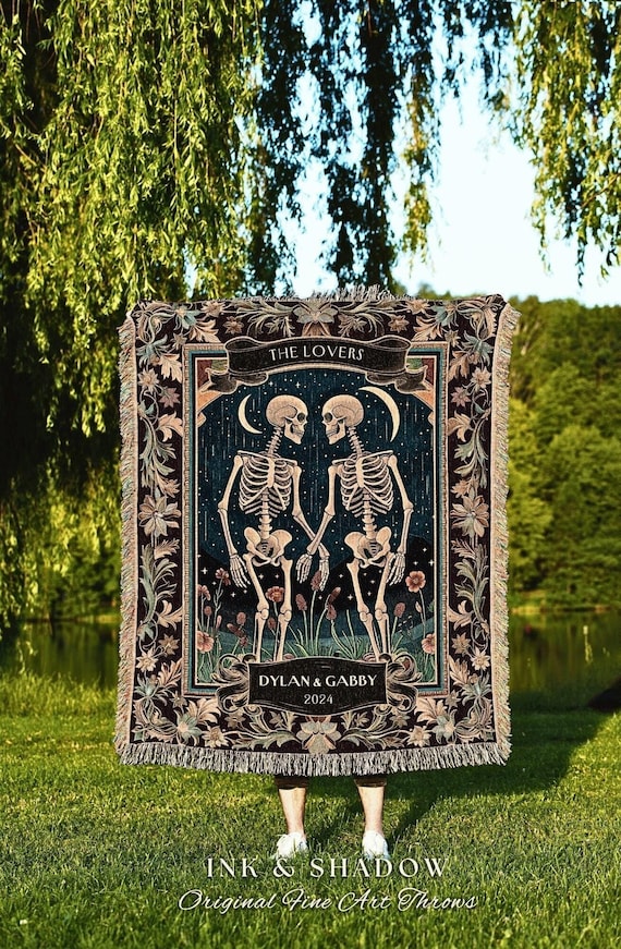 Skeleton Lovers Tarot Aesthetic Throw | Celestial Skeleton Couple Woven Tapestry Wedding Anniversary Gift Personalized Blanket Custom Names