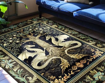 May include: A rectangular area rug featuring a black background with a central illustration of two light-colored dragons entwined around a large tree. The border displays intricate floral and leaf patterns in shades of green and gold. Text reads INK & SHADOW Original Fine Art Rugs.
