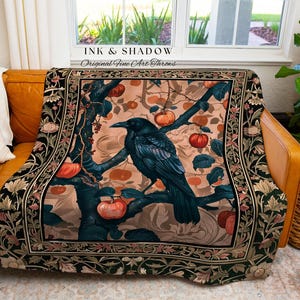 Victorian Raven Enchanted Forest Blanket Whimsical Woodland Gothic Apple Tree Tapestry | Dark Cottgecore Cottage Goth Crowcore Fairy Grunge image 3