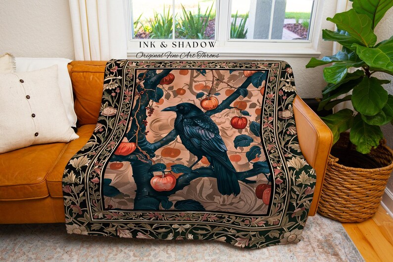 Victorian Raven Enchanted Forest Blanket Whimsical Woodland Gothic Apple Tree Tapestry | Dark Cottgecore Cottage Goth Crowcore Fairy Grunge image 3
