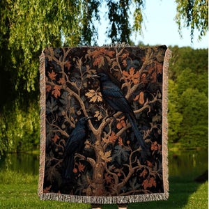 Gothic Room Decor Raven Tapestry Vintage Throw Blanket Woven | Crow Decor Dark Cottagecore Tapestry Woven Throw Blanket Whimsigoth Tapestry