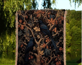 Gothic Room Decor Raven Tapestry Vintage Throw Blanket Woven | Crow Decor Dark Cottagecore Tapestry Woven Throw Blanket Whimsigoth Tapestry
