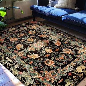 Peachy Floral Area Rug | Dark Floral Woodland Living Room Home Decor Rustic Housewarming Gift Cottagecore Earth Tone Bedroom Floor Mat |