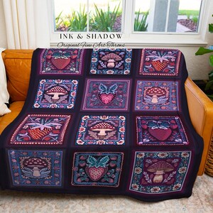 Whimsical Boho Mushroom Strawberry Blanket Cozy Cottagecore Purple Checked Throw | Whimsigoth Maximalist Aesthetic Dark Cottagegoth Decor image 3