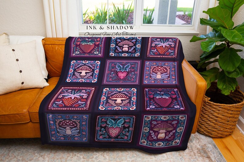 Whimsical Boho Mushroom Strawberry Blanket Cozy Cottagecore Purple Checked Throw | Whimsigoth Maximalist Aesthetic Dark Cottagegoth Decor image 3