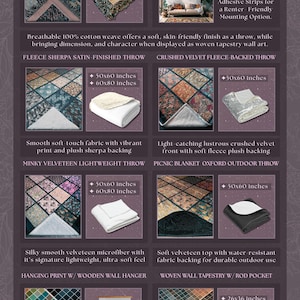 The image is a collection of various textures and patterns, including woven throw and tapestry wall art, as well as printed fabrics and textiles.