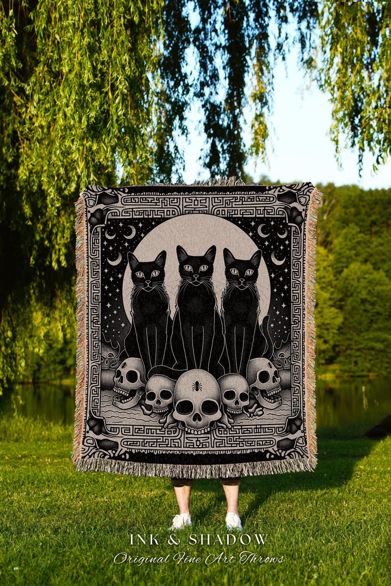 Mystic Black Cats Gothic Tapestry Blanket Dark Academia Skull Throw | Celestial Occult Aesthetic Cat Tapestry Urban Grunge Witchy Wall Art image 1