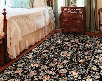 Victorian Folk Art Floral Rose Garden Rug | Dark Cottagecore