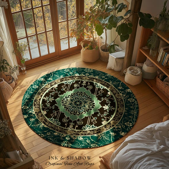 Dark Academia Emerald Statement Rug | Reading Nook Cozy Floor Rug