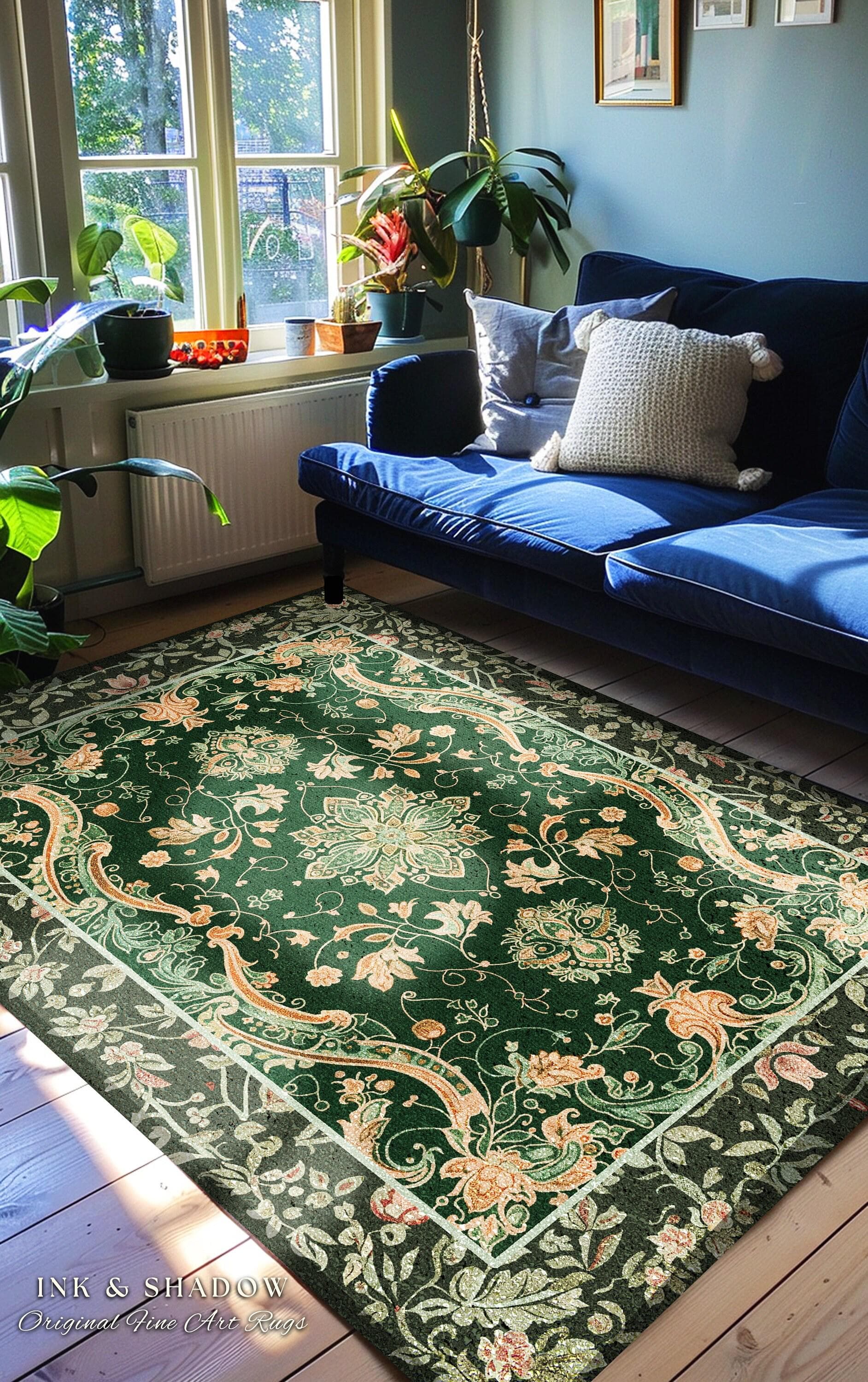 Mystic Cottagecore Accent Rug | Hippie Rug With Emerald Green