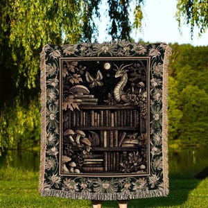 Enchanted Library Dragon Tapestry Blanket Mystical Dark Academia Bookshelf Fantasy Throw | Vintage Gothic Cottagecore Bookish Reading Nook