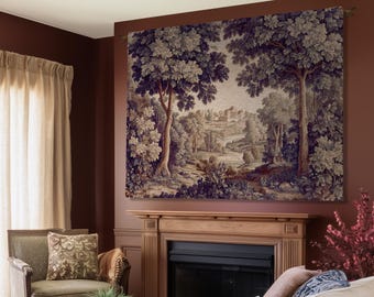 Ornate Forest Baroque Jacquard Tapestry | Traditional Landscape Grandmillenial Wall Hanging Victorian Rococo Bedroom Wall Art European Art