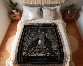 Personalized Poe Quote Blanket | Crowcore Tapestry Vintage Blanket Woven | Black Crow Raven Poe Tapestry Gothic Throw Blanket Book Lover Art