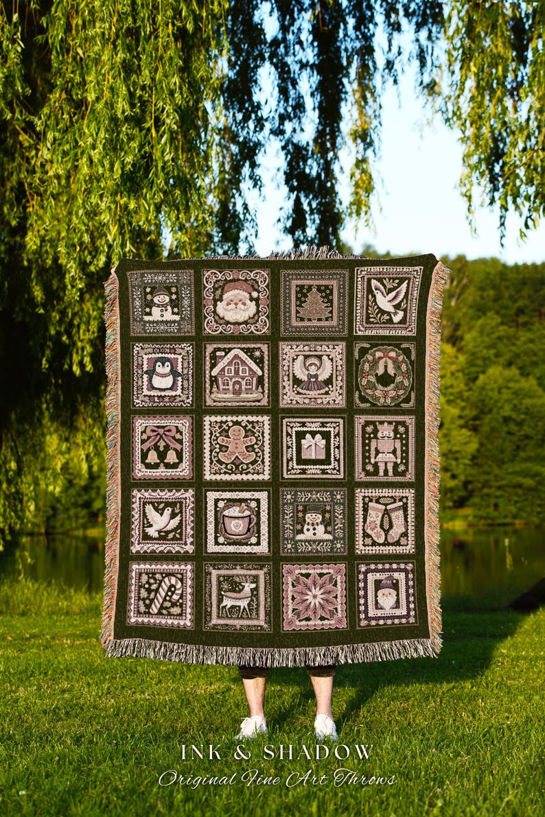 Hygge Cottage Christmas Folk Art Blanket Scandinavian Patchwork Pink