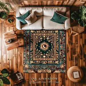Moon and Sun Ethereal Bohemian Rug | Celestial Tarot Aesthetic Zodiac Inspired Floral Maximalist Bedroom Ethereal Astrology Witchy Area Rug image 4